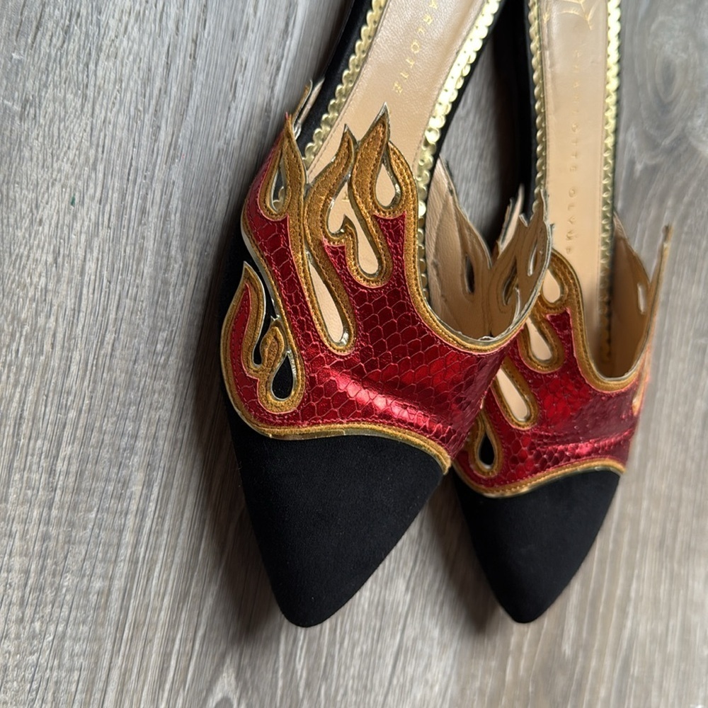 CHARLOTTE OLYMPIA Black Suede And Red Snake-printed Leather mules Size 37/7 - Picture 5 of 11